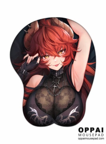 Red Haired Horned Girl Anime Boob Mouse Pad